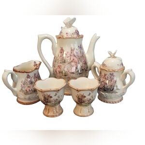 Cracker Barrel Easter Treasures Bunny 6pc Teapot Cream Sugar Set 2 Egg Cups